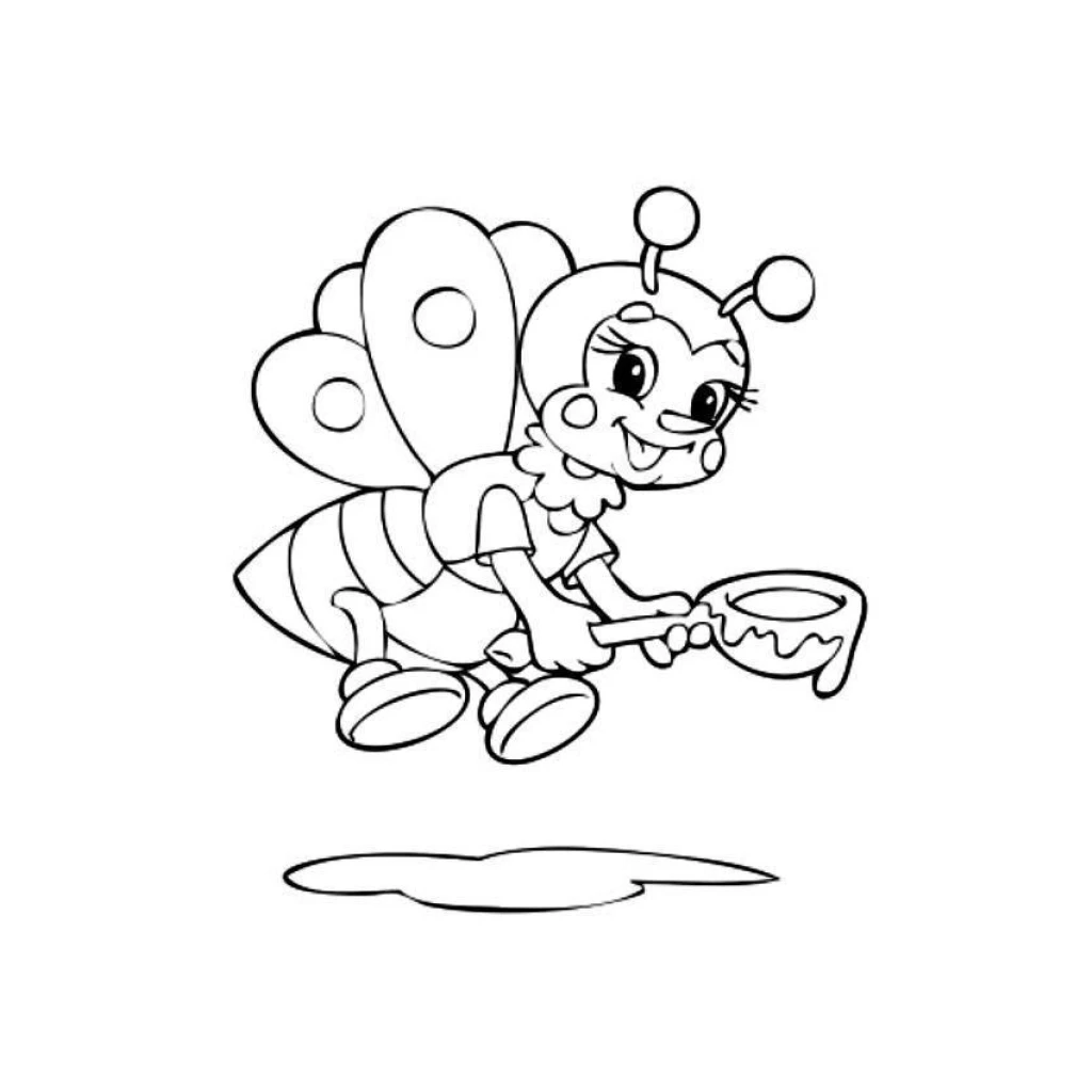 Desenho de Abelha Feliz com uma colher cheia de mel para colorir e imprimir grátis