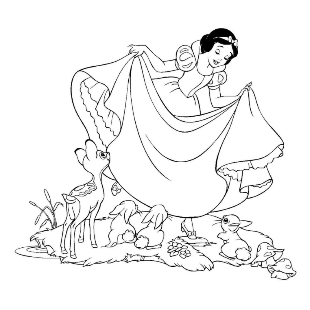 Snow White And Forest Animals coloring page to print for free