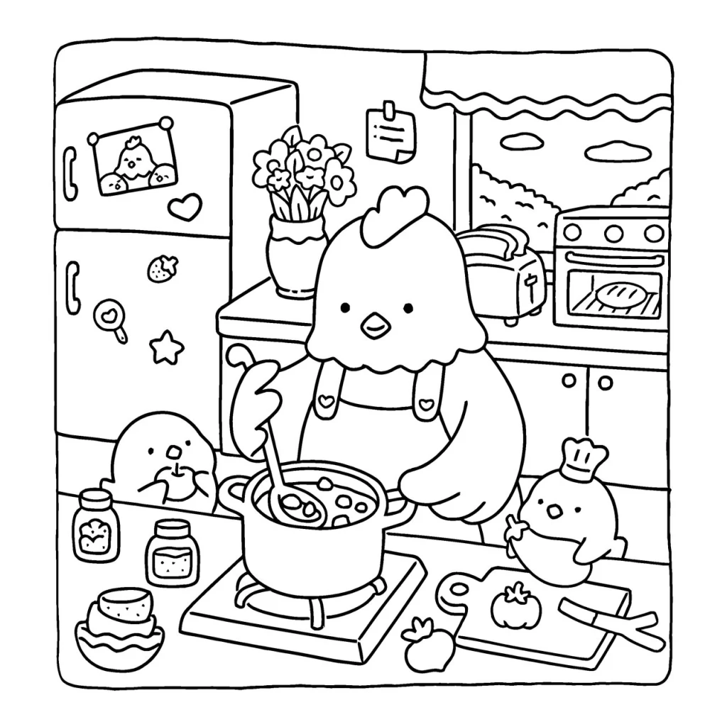 Chef Chicken In The Kitchen coloring page to print for free