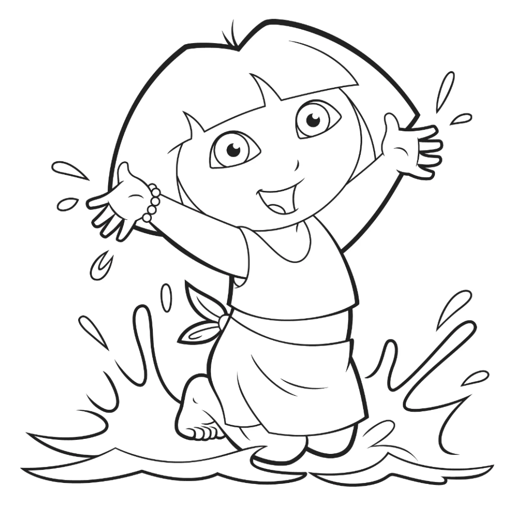 Dora the Explorer playing with water coloring page to print for free