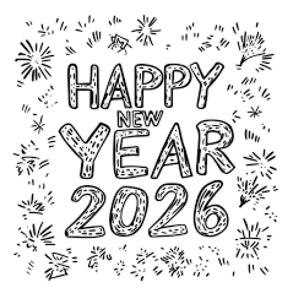 Desenho de Feliz Ano Novo 2026 para colorir e imprimir grátis