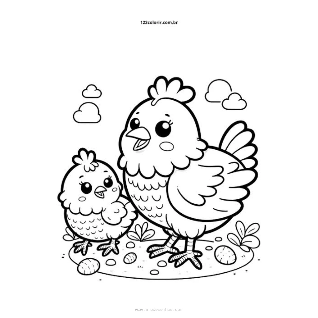 Hen with her chick coloring page to print for free