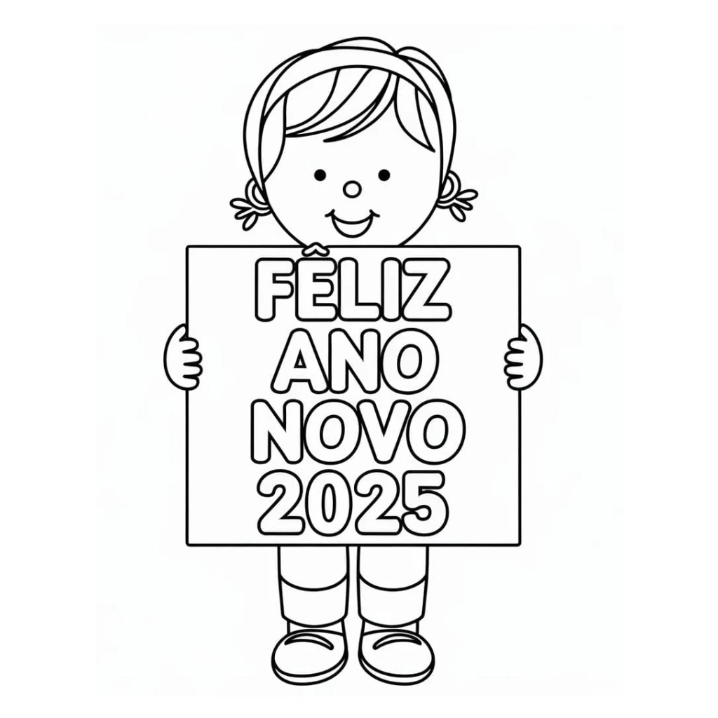 Girl with Happy New Year 2025 Sign coloring page to print for free