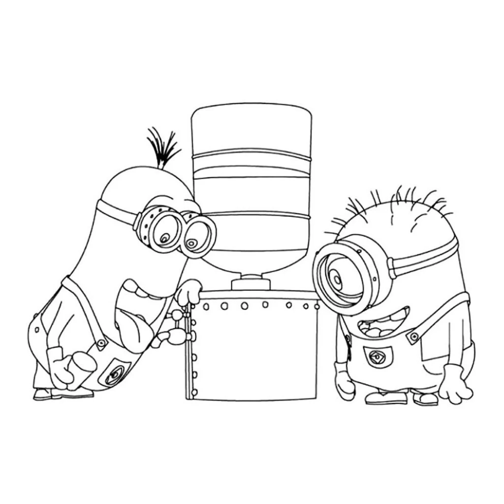 Minions drinking water at the water fountain coloring page to print for free