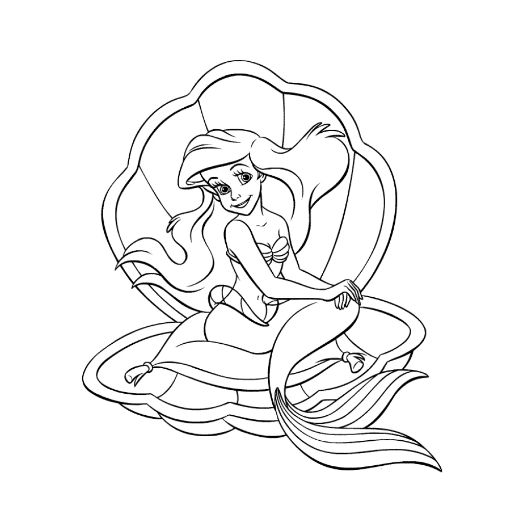 Desenho de Sereia Ariel dentro de uma concha marinha para colorir e imprimir grátis