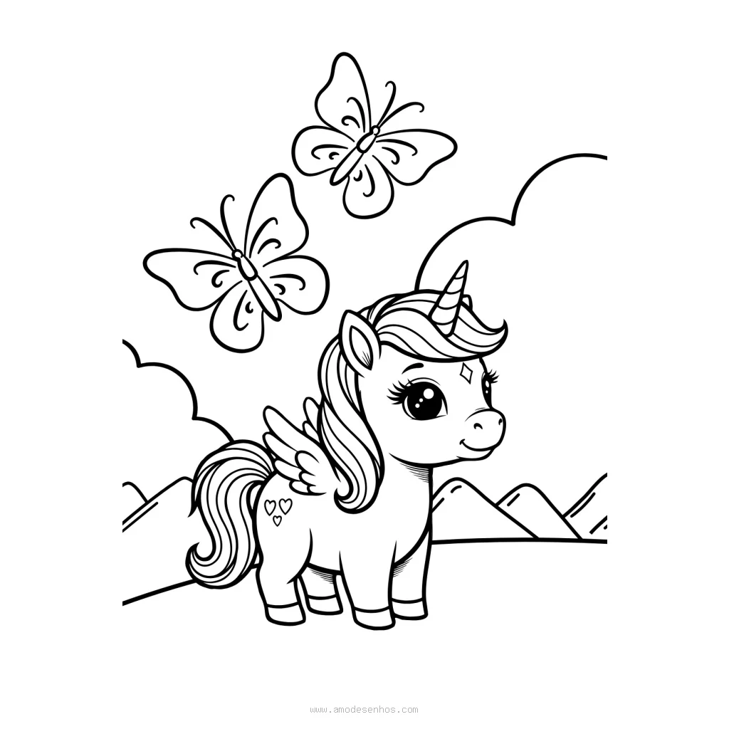 Magical Unicorn With Butterflies coloring page to print for free