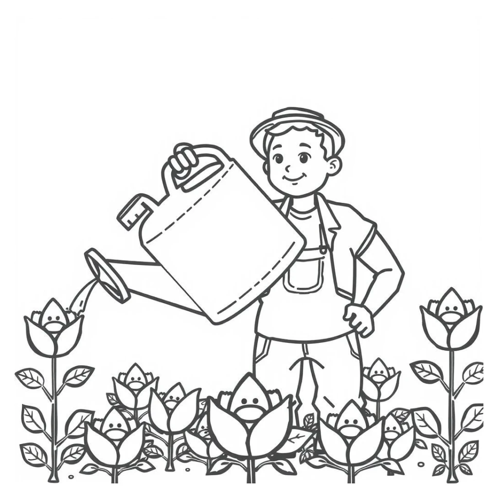 Farmer Watering Plants coloring page to print for free