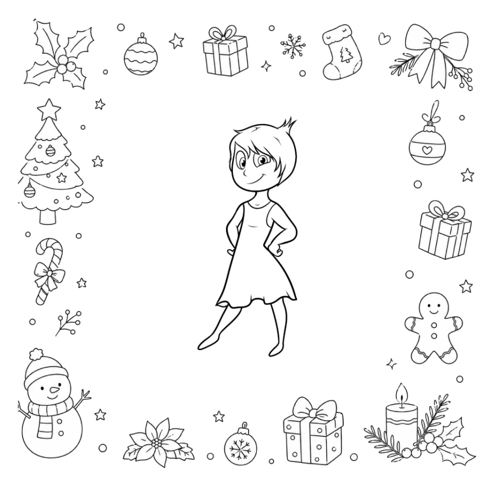 Desenho de Alegria divertidamente em um cenário de Natal para colorir e imprimir grátis