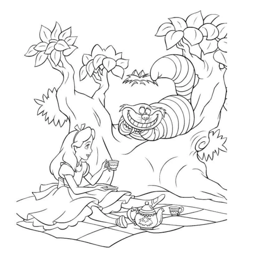 Desenho de Alice No País Das Maravilhas Com O Gato De Cheshire para colorir e imprimir grátis