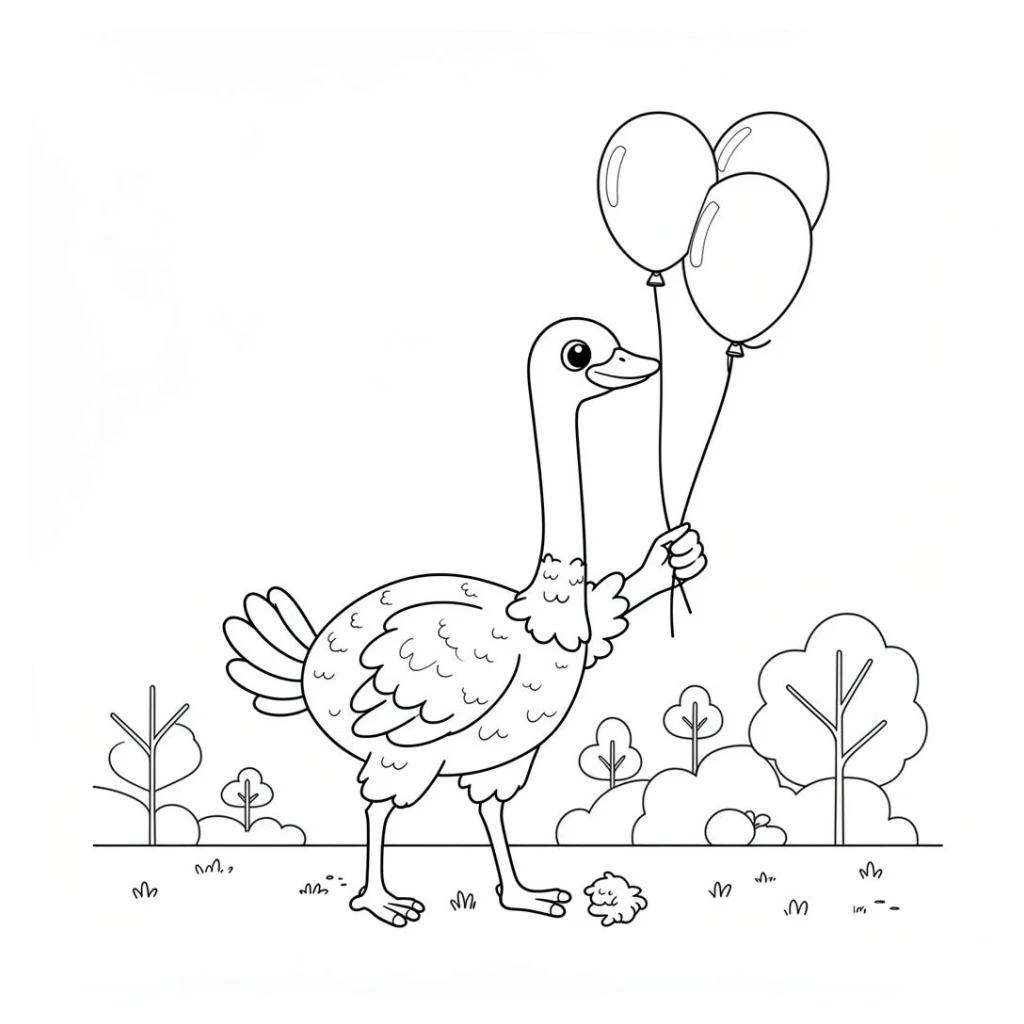 Ostrich holding a colorful balloon coloring page to print for free