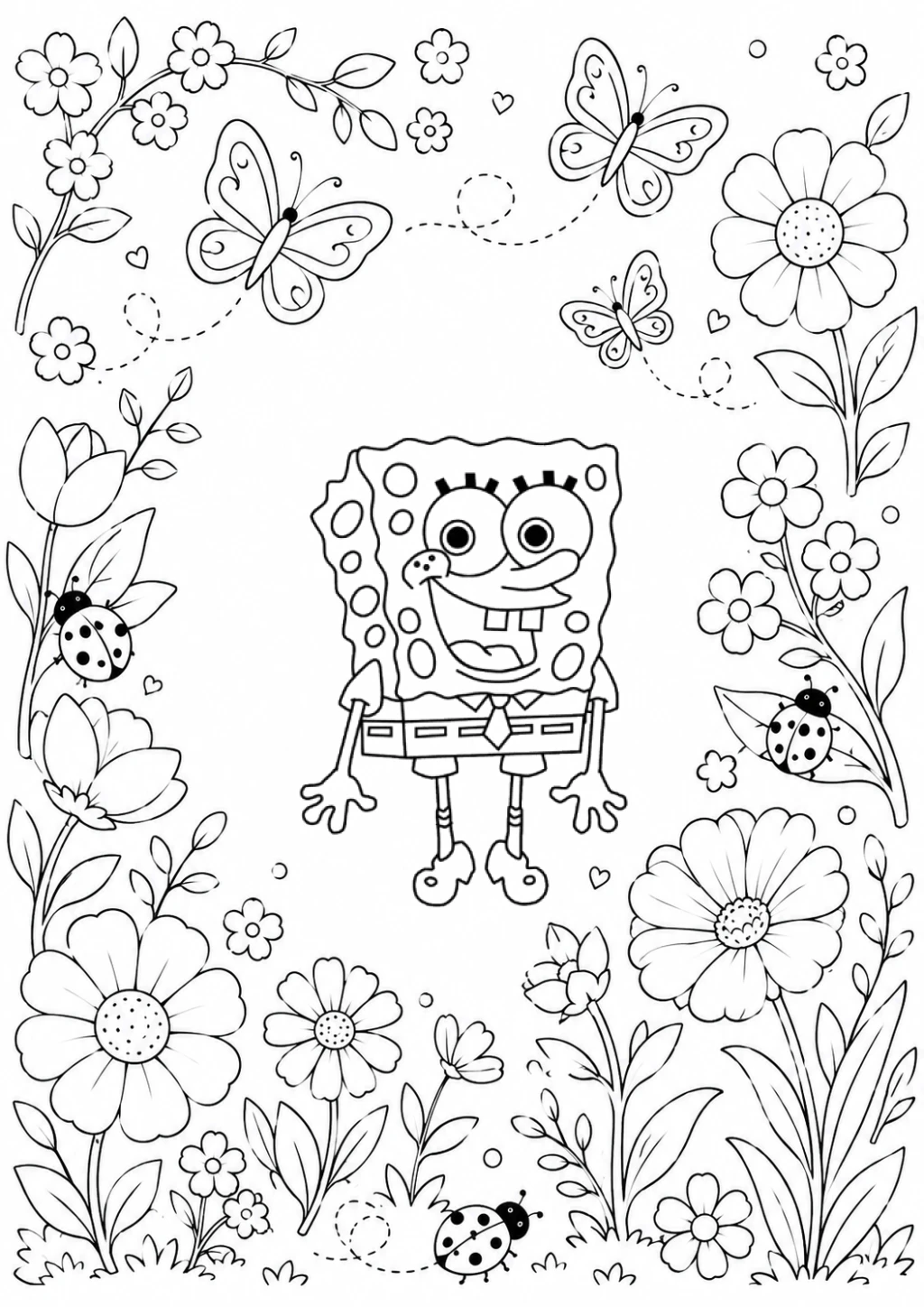 Desenho de Bob Esponja Entre Flores E Borboletas para colorir e imprimir grátis