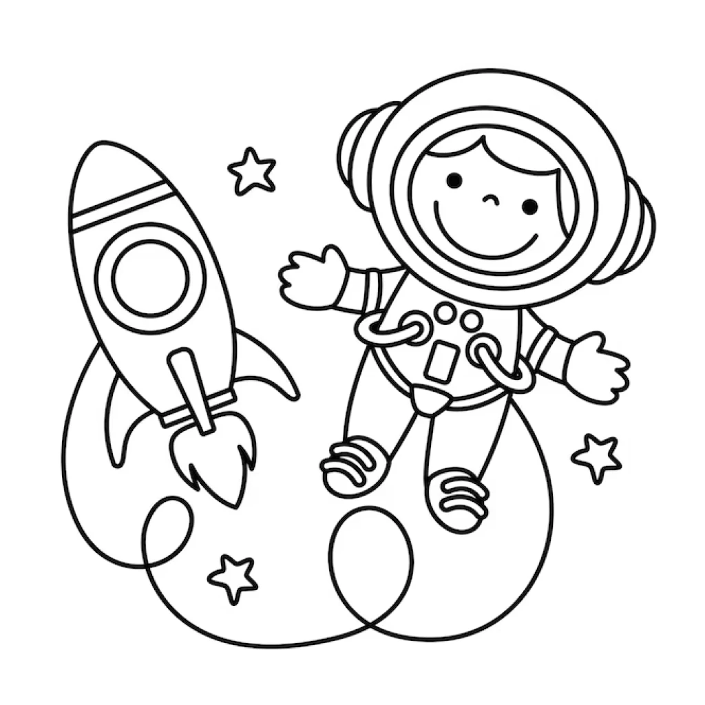 Child Astronaut Playing With Rocket coloring page to print for free