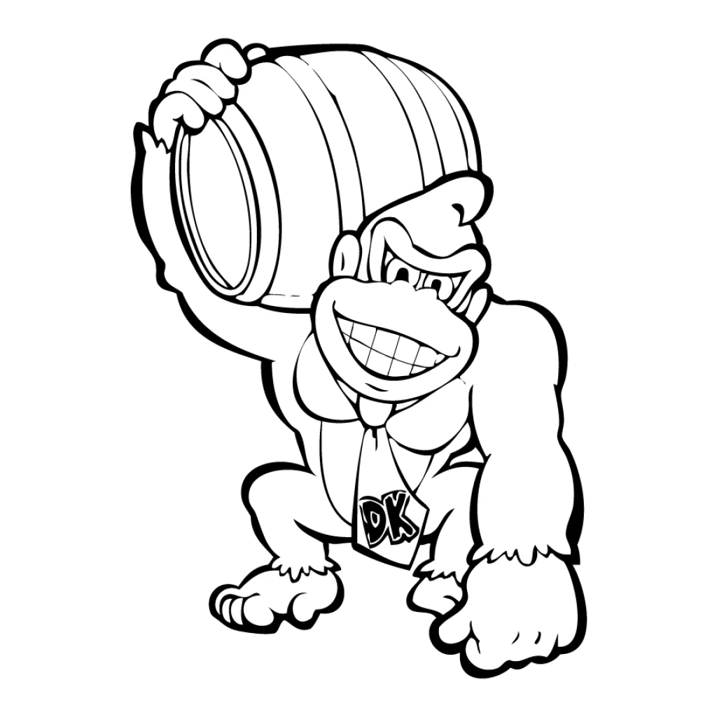Donkey Kong holding a barrel coloring page to print for free