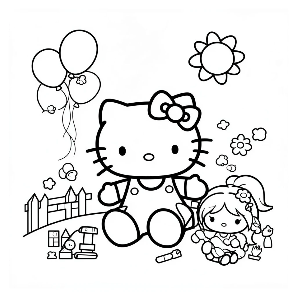 Dibujo de hello kitty jugando con una linda niña para colorear e imprimir gratis