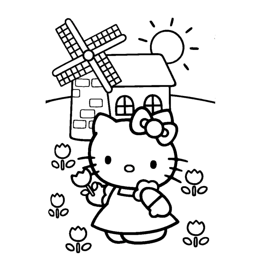 Desenho de Hello Kitty Com Moinho E Flores para colorir e imprimir grátis
