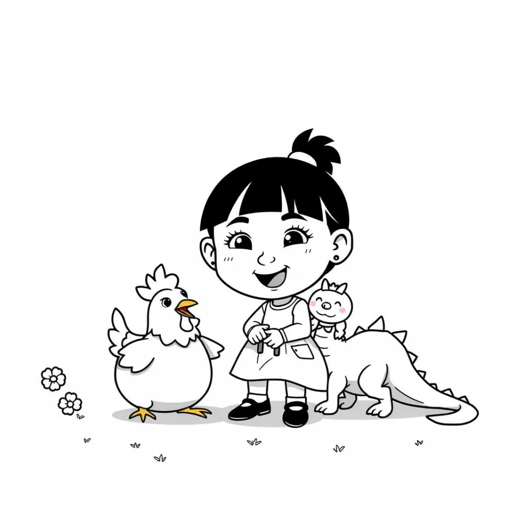 Desenho de Menina Brincando Com Galinha E Dragão Na Fazendinha para colorir e imprimir grátis