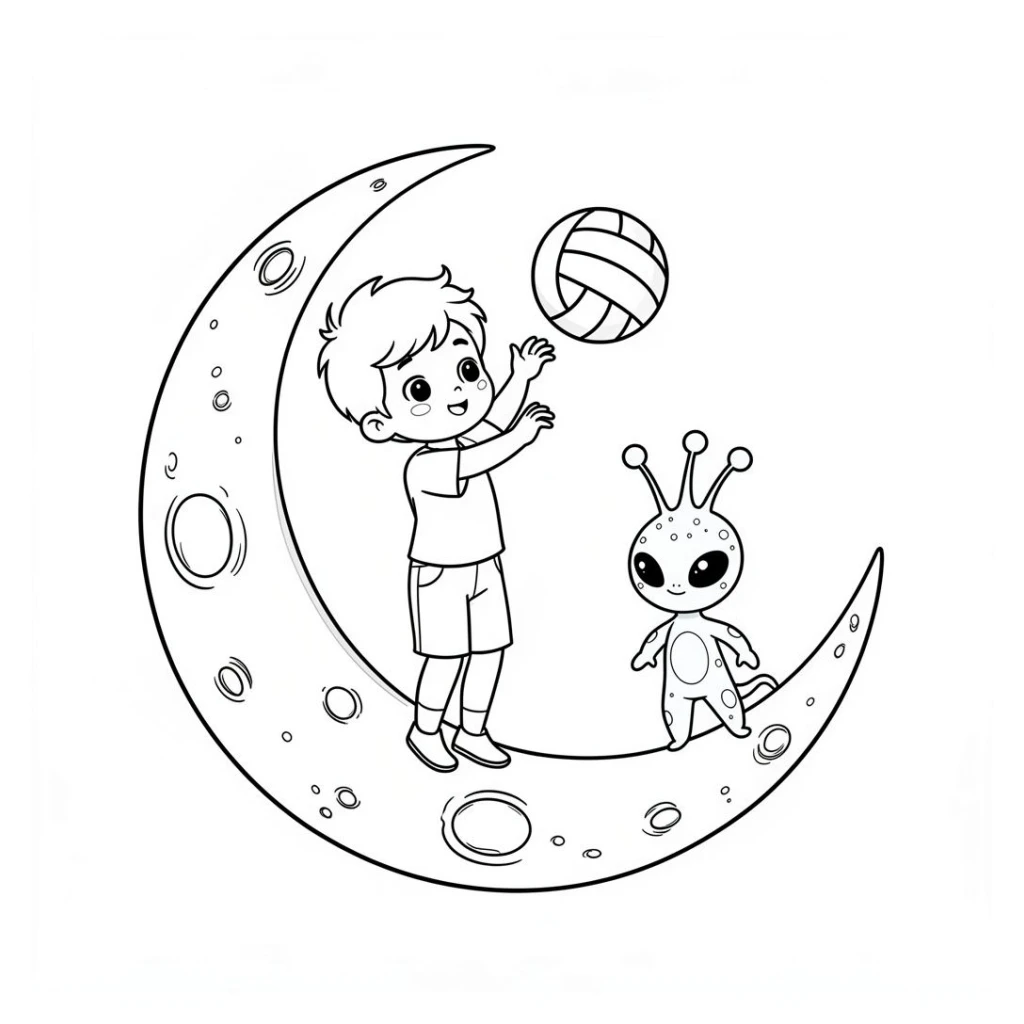 Desenho de Menino Fofo Na Lua Jogando Vôlei Com Um Extraterrestre para colorir e imprimir grátis