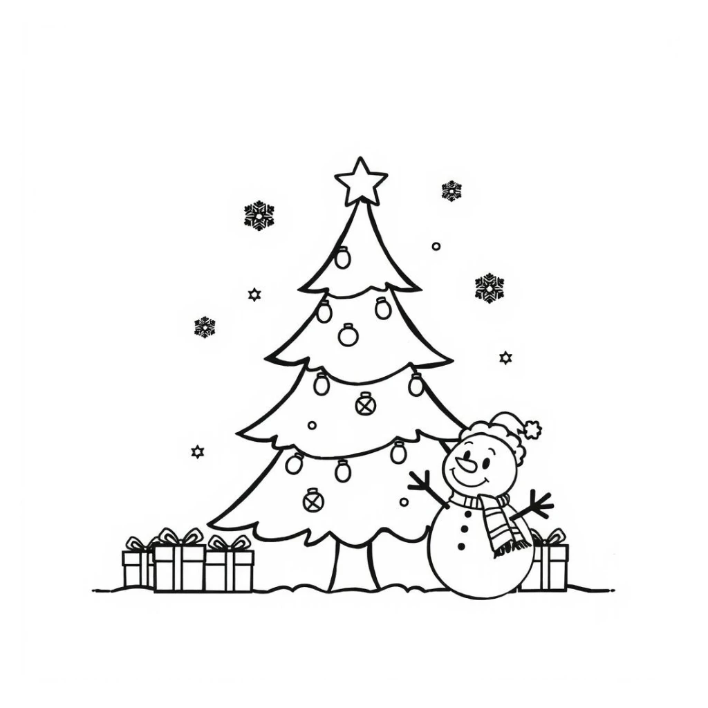 Desenho de Natal Com Árvore E Boneco De Neve para colorir e imprimir grátis