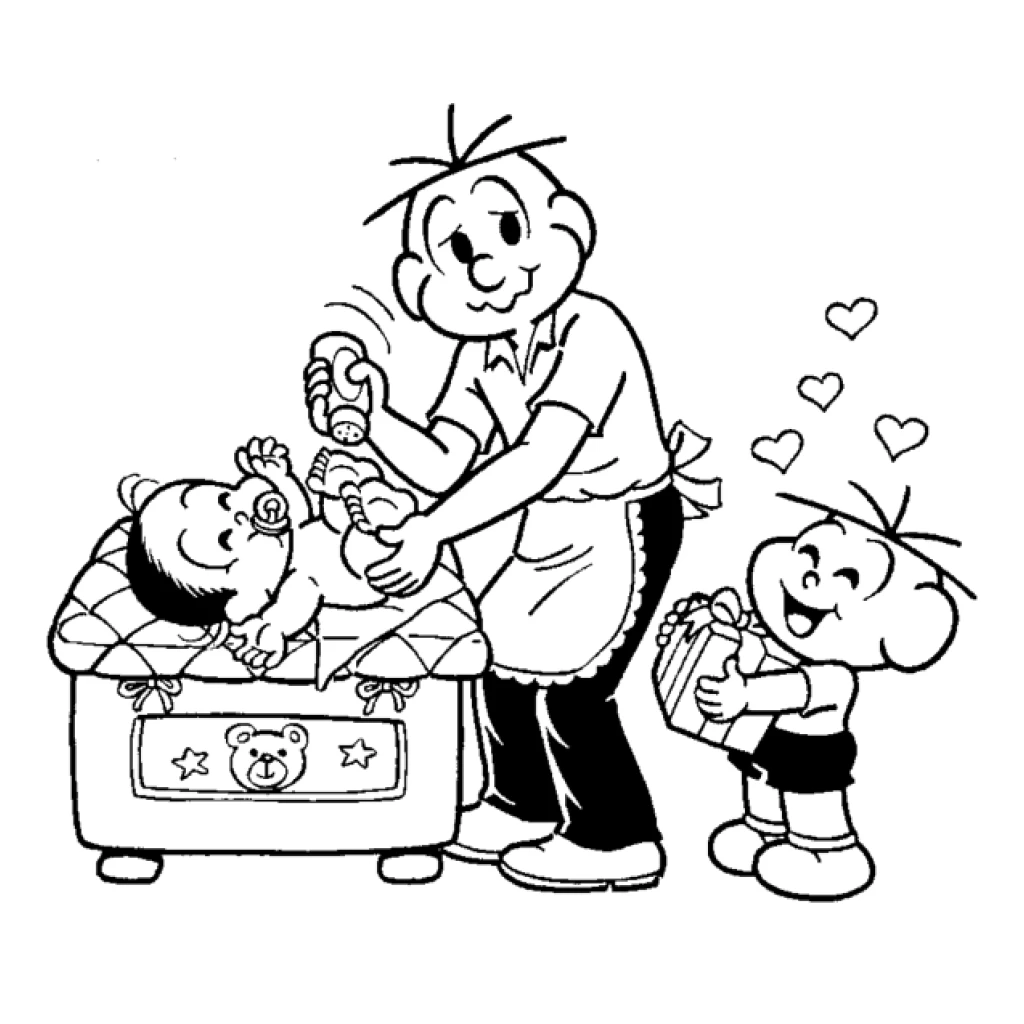Desenho de Pai do Cebolinha trocando fralda da irmã caçula para colorir e imprimir grátis