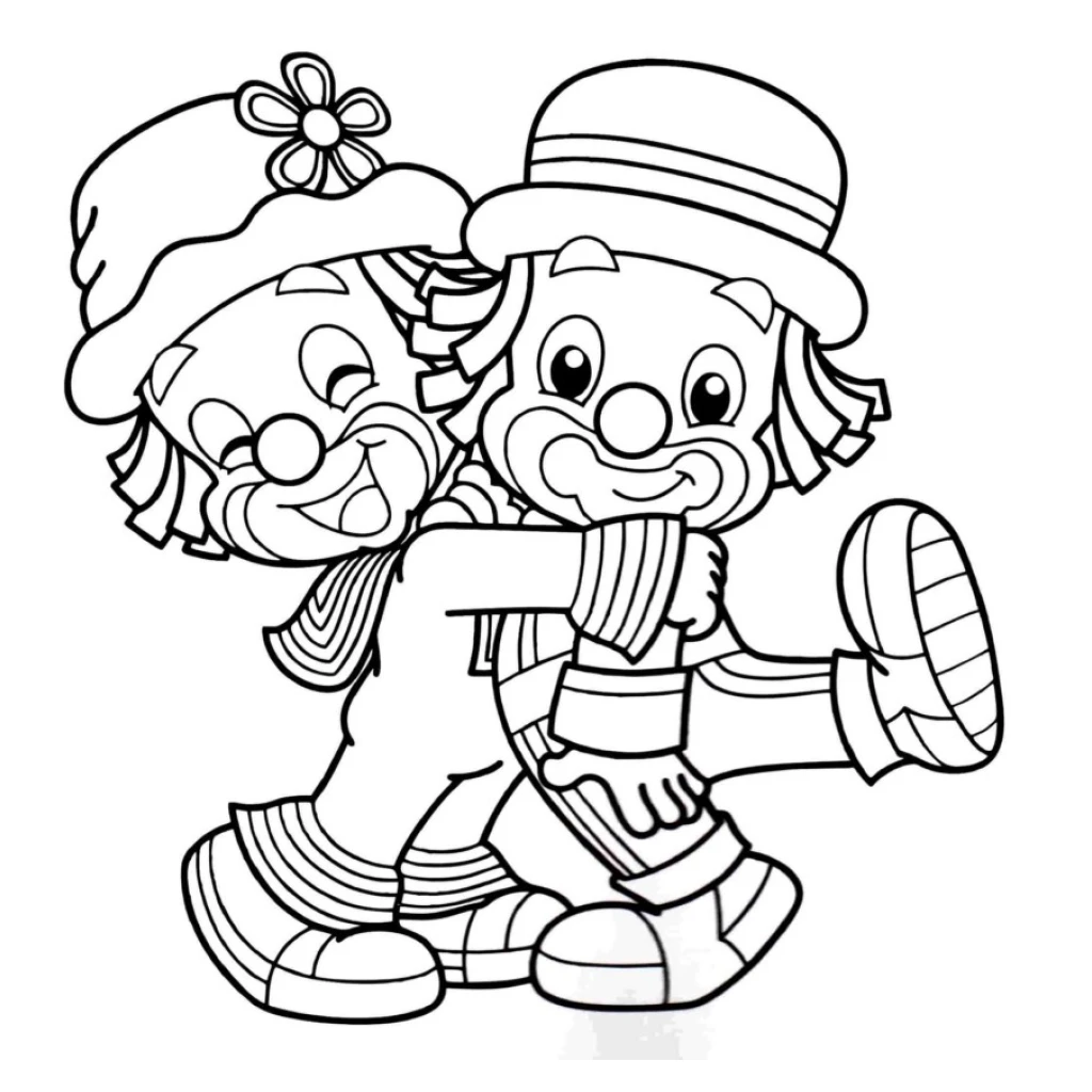 Dibujo de Payasos Patati y Patatá abrazándose para colorear e imprimir gratis