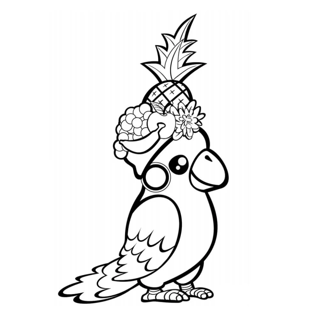 Parrot with a crown of fruits coloring page to print for free