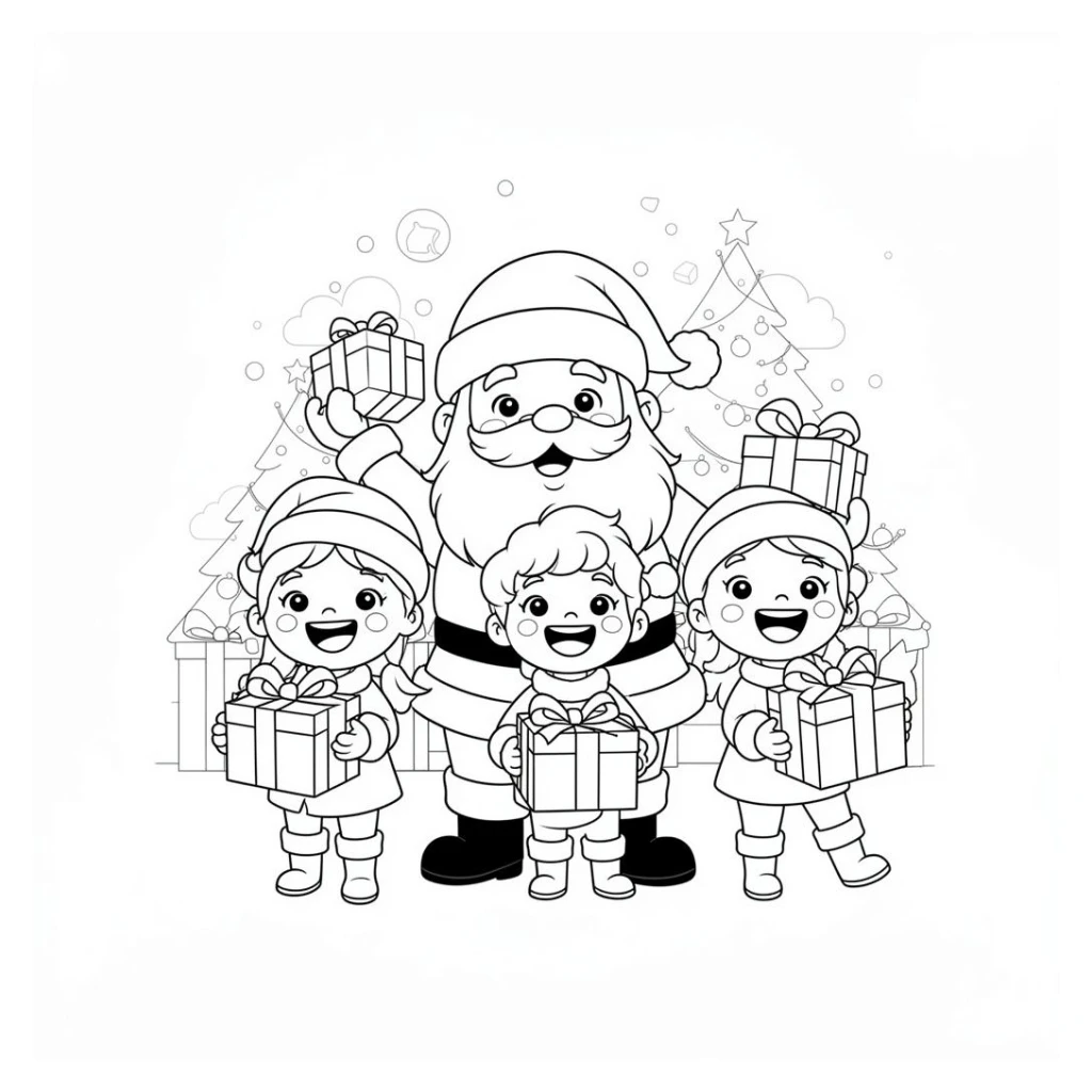 Desenho de Papai Noel com crianças super felizes com presentes na mão para colorir e imprimir grátis