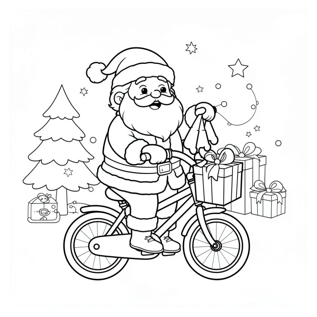 Desenho de papai noel com uma lista bicicleta de presente de natal para colorir e imprimir grátis