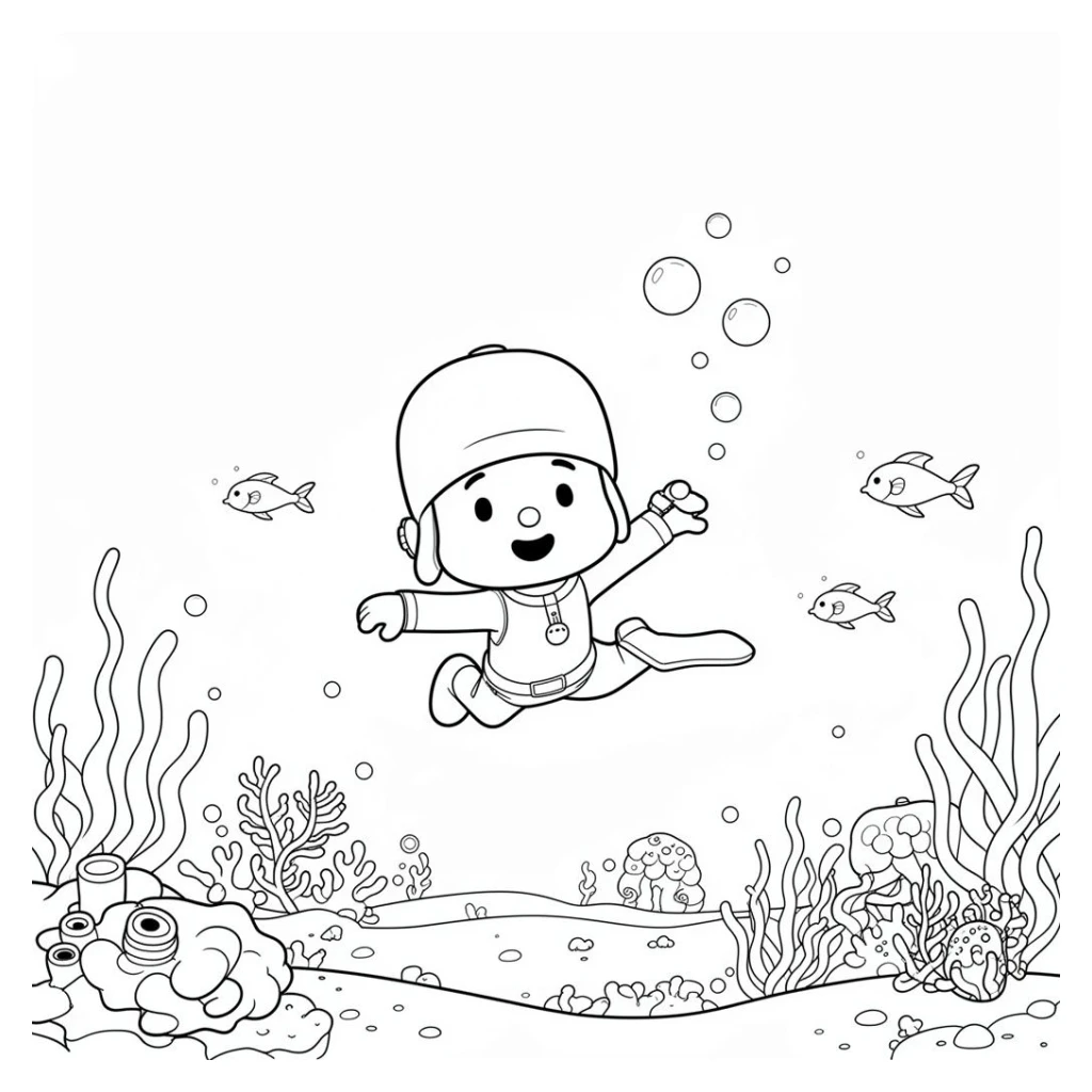 Pocoyo Swimming Under The Sea coloring page to print for free