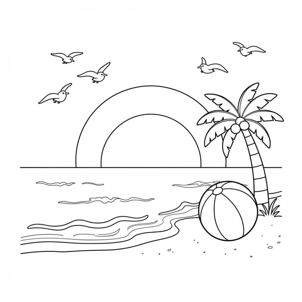 Desenho de Praia Com Sol E Gaivotas para colorir e imprimir grátis