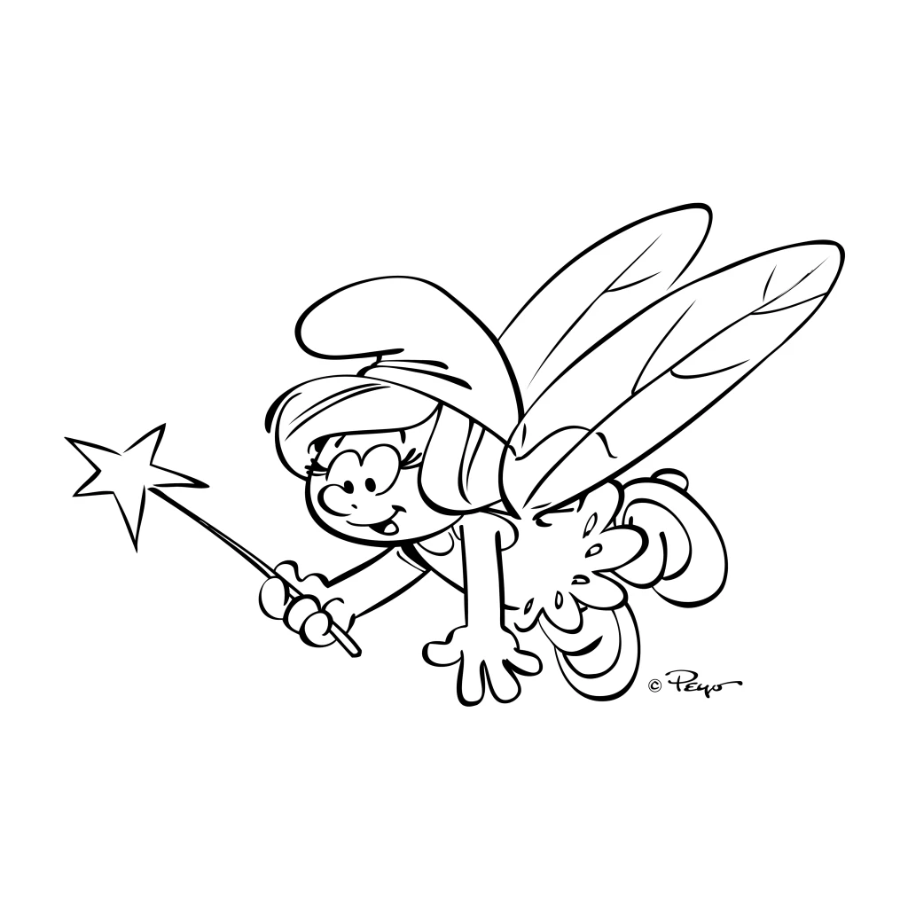 Smurfette flying like a fairy coloring page to print for free