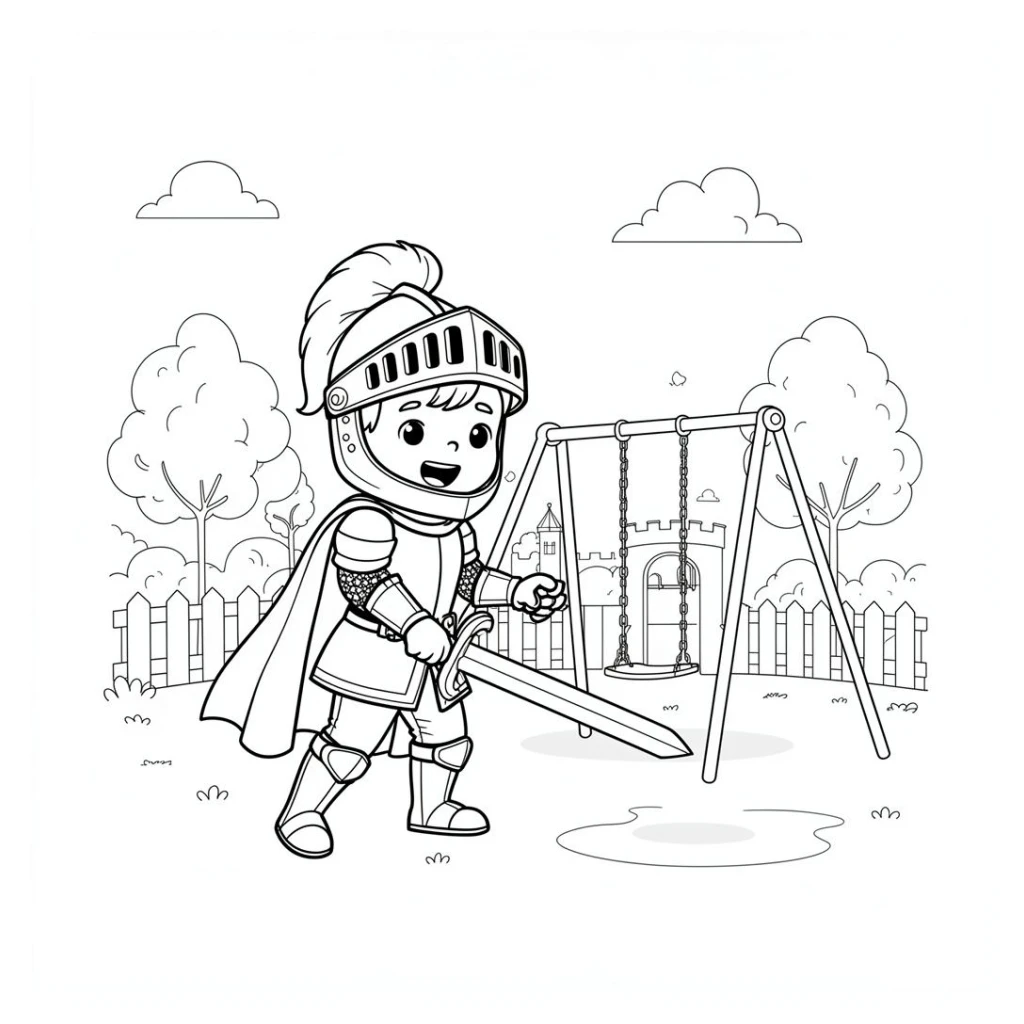 Desenho de Menino Fantasiado De Cavaleiro Brincando No Parquinho para colorir e imprimir grátis