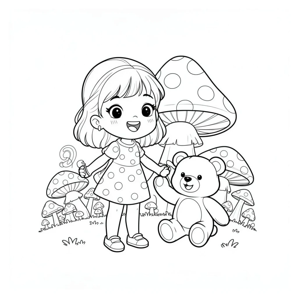 Desenho de Menina Fofinha Com Ursinho Na Vila Dos Cogumelos para colorir e imprimir grátis
