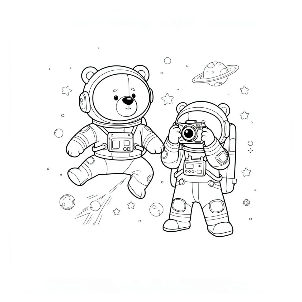 Desenho de Urso no espaço com um astronauta tirando fotos para colorir e imprimir grátis