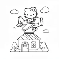 Hello Kitty pilotando um avião sobre uma casinha