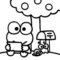 Keroppi lendo debaixo de uma árvore