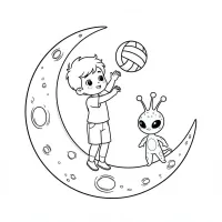 Menino Fofo Na Lua Jogando Vôlei Com Um Extraterrestre