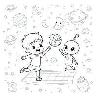 Menino Fofo Jogando Vôlei Com Extraterrestre Na Lua